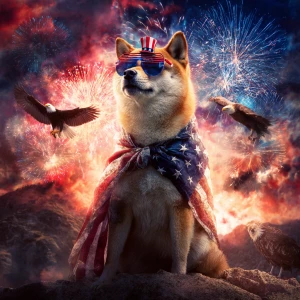 A majestic Shiba Inu (Doge meme) proudly wrapped in an American...