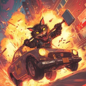 A wild, high-energy cat with spiked fur and a giant mallet, ridi...
