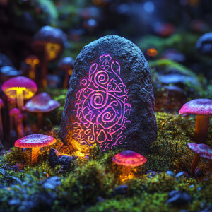 A stone, intricately carved with ancient symbols, glimmering und...