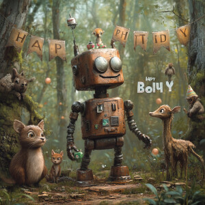 photorealistic image. rusty robot in a forest surrounded by his...