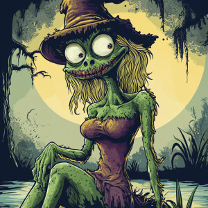 Retro Halloween cartoon. Vintage female swamp monster. Funny