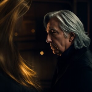 Create an image of Alan Rickman portraying Severus Snape in a te...