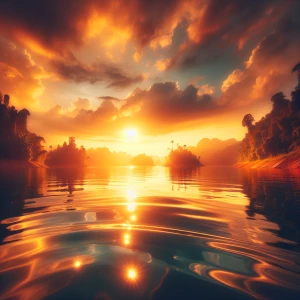 Shot: A wide shot of the lake at sunset, capturing the golden gl...