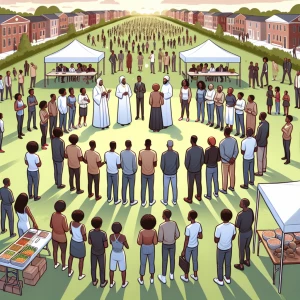 Panoramic outdoor scene featuring a predominantly female group o...