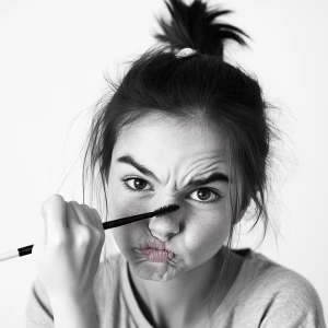 A teenage girl with dark hair, pulled up in a ponytail, applying...