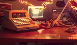 /imagine prompt: two vintage beige 56k modems on separate desks,...