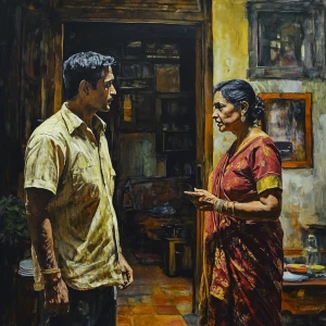 Realistic painting 1:1,A muscular sweaty man talking to his 54 y...