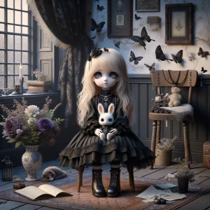 Create an image of a very sad little gothic girl doll, featuring...