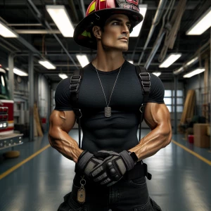A well-built firefighter stands in an industrial setting reminis...