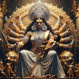 Imagine an hourglass form, an athletic build, enraged goddess Durga sitting atop a golden crown, and a wounded Mahishasur lying like a baby on top of her lap.  wearing a whitesaree, diamond  jewelry all over her body, a large gold crown on her head, and glaring into the camera. The lighting is incredibly realistic, cinematic, 8K, UHD, and the face is realistically depicted with photorealistic perfection. Photography