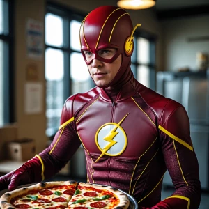 The superhero the Flash delivering a pizza