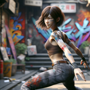 Athletic Thin skinny Attractive, Asian teenage girl, long brown hair and bangs, wearing tight skinny jeans and a halter top paint marks on her clothing, heroic pose Asian graffiti background, backside view