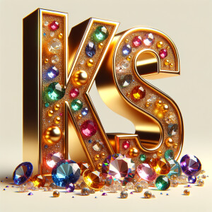 Create a 3-D realistic image with the letters  K.S. in gold raised letters , Add diamonds and colorful jewels