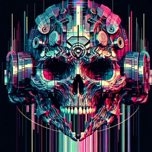 Portrait of modern day alien creature skull with digital glitche...