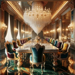 A grand, opulent dining room. A massive, rectangular marble dini...