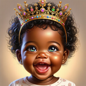 "Create a digital portrait of an adorable african-American baby girl with a joyful expression. She is wearing a gold crown with colorful jewels. Her big, bright blue eyes are wide with wonder, and her tiny mouth is shaped in a happy grin. Her skin has a warm, honey-brown tone, and she has an abundance of thick curly black hair, The background is soft and neutral to keep the focus on her delightful features. The portrait should be vibrant and heartwarming, celebrating the innocence and charm of childhood."