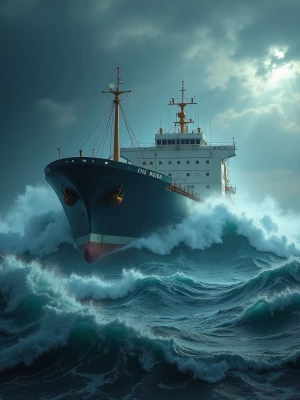 Surreal, dreamlike image: a massive cargo ship battling towering...