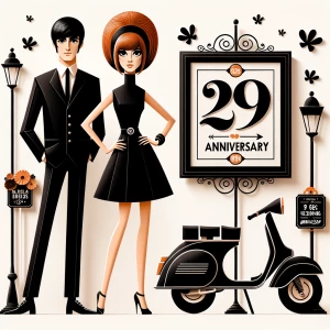 ‘Happy 19th Anniversary!’ Written
A 60s mod vibe with a tan male...