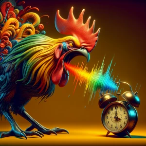 Anamorphic rooster with an exaggerated menacing expression looki...