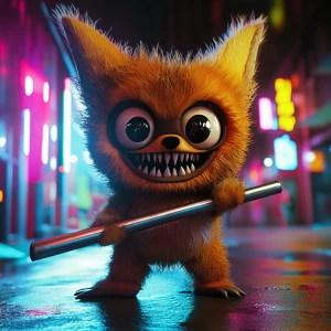 Stylized character portrait of a mischievous designer toy creat...