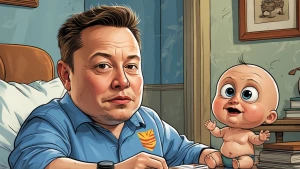 Elon Musk as baby, in carton and satirical art style