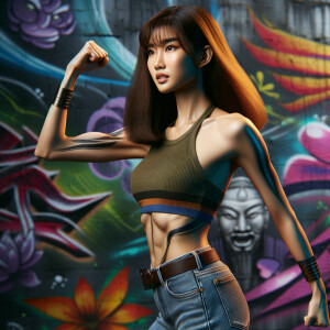 Very thin Athletic Thin skinny Attractive, Asian teenage girl, long brown hair and bangs, wearing tight skinny jeans and a halter top paint marks on her clothing, sitting side view heroic pose Asian graffiti