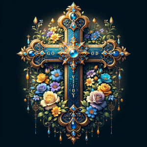 Create an image of a majestic cross, larger in size, with a harm...