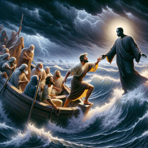 African-American Jesus telling Peter to come walk on the water,...