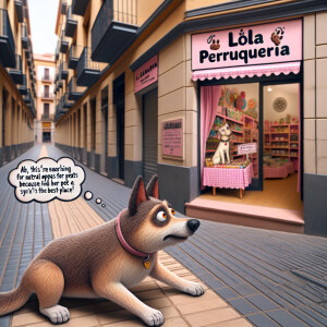 Un perro va caminando por una calle peatonal donde no hay nadie,...