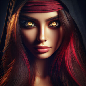 Head shot of a beautiful woman with bright golden eyes and long...