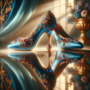 Imagine a pair of enchanting shoes, each a mirror image of the other, placed gracefully upon a regal surface. They are bathed in the soft, diffuse light that casts gentle reflections upon their silk fabric. These shoes are no ordinary footwear; they are a masterpiece of vibrant royal blue, adorned with ornate golden filigree and a multitude of glittering jewels in various hues—rubies, sapphires, emeralds, and delicate pink diamonds. Each shoe boasts an elegant, curved heel in a matching vivid blue, with tiny red and blue gems accenting the base. The shoes are positioned against a backdrop of soft-focus flowers, their pastel colors complementing the rich tones of the shoes, with hints of gold framing providing a touch of opulence. This image captures the essence of a fairy tale brought to life, a visual symphony of color and splendor.