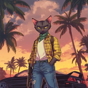 A humanoid cat character standing in a tropical setting with a b...