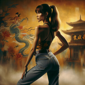 Athletic Thin skinny Attractive, Asian teenage girl, long brown hair and bangs, wearing tight skinny jeans and a halter top paint marks on her clothing, heroic pose Asian graffiti background, backside view