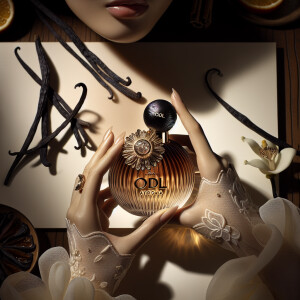A woman holds a bottle of perfume in her hands. On the perfume b...