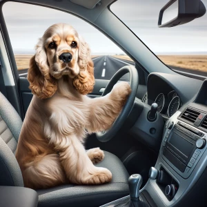 Photorealistic Cream Cocker spaniel behind steering wheel in car driving car. Dog holding onto steering wheel driving down road View of front of car . Dig looking out front window. Hood of . View outside of car