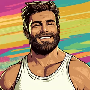 White muscular thin man with beard, big chin, smile and cheekbon...
