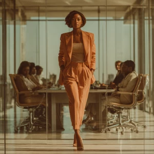 Create an image of a commanding Black woman leading a meeting in...
