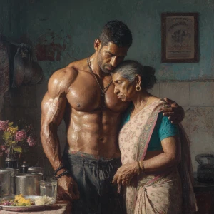 Hyperrealistic painting.a muscular sweaty indian man standing...