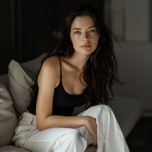 Fair-skinned woman with dark long hair, elegant and composed, si...