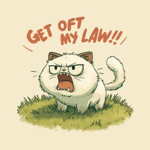 a cute angry cat yelling "Get Off My Lawn!", standing on a grass...