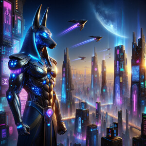 A digital painting of a futuristic Anubis, equipped with advance...