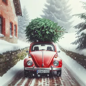 Red Volkswagen beetle carrying a green Christmas tree in the sno...