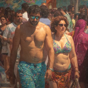 Photo hyperrealism, painting,a muscular beefy kashmiri son in la...