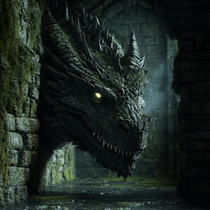 A detailed, intimidating dragon with glowing eyes and sharp scal...
