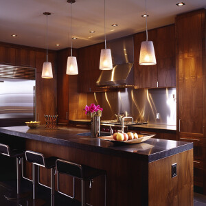 Design a European kitchen with sleek wood cabinets and stylish c...