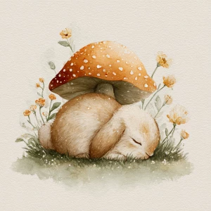 cute fluffy rabbit curled up sleeping under a large spotted mush...