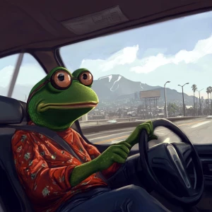 pepe meme in GTA style driving a car