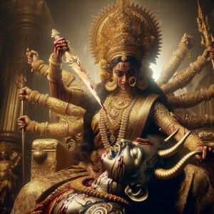 portrait of angry looking goddess durga sitting on a gold crown and carrying a weak mahishasur on her lap and stabbing him with her amazingly designed trident. She is wearing gold armor, a huge gold crown, gold saree, abundant  gold jewelry, covered in blood. The scene is set in ancient India. The image is 8K resolution, cinematic, ultra detailed face and epic.