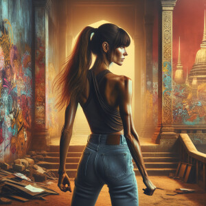 Athletic Thin skinny Attractive, Asian teenage girl, long brown hair and bangs, wearing tight skinny jeans and a halter top paint marks on her clothing, heroic pose Asian graffiti background, backside view