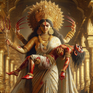 portrait of angry looking goddess durga  carrying a weak mahishasur in her arms and poking him with her amazingly long red fingernails. She is wearing a huge gold crown, white saree, abundant  gold jewelry, covered in blood. The scene is set in ancient India. The image is 8K resolution, cinematic, ultra detailed face and epic.